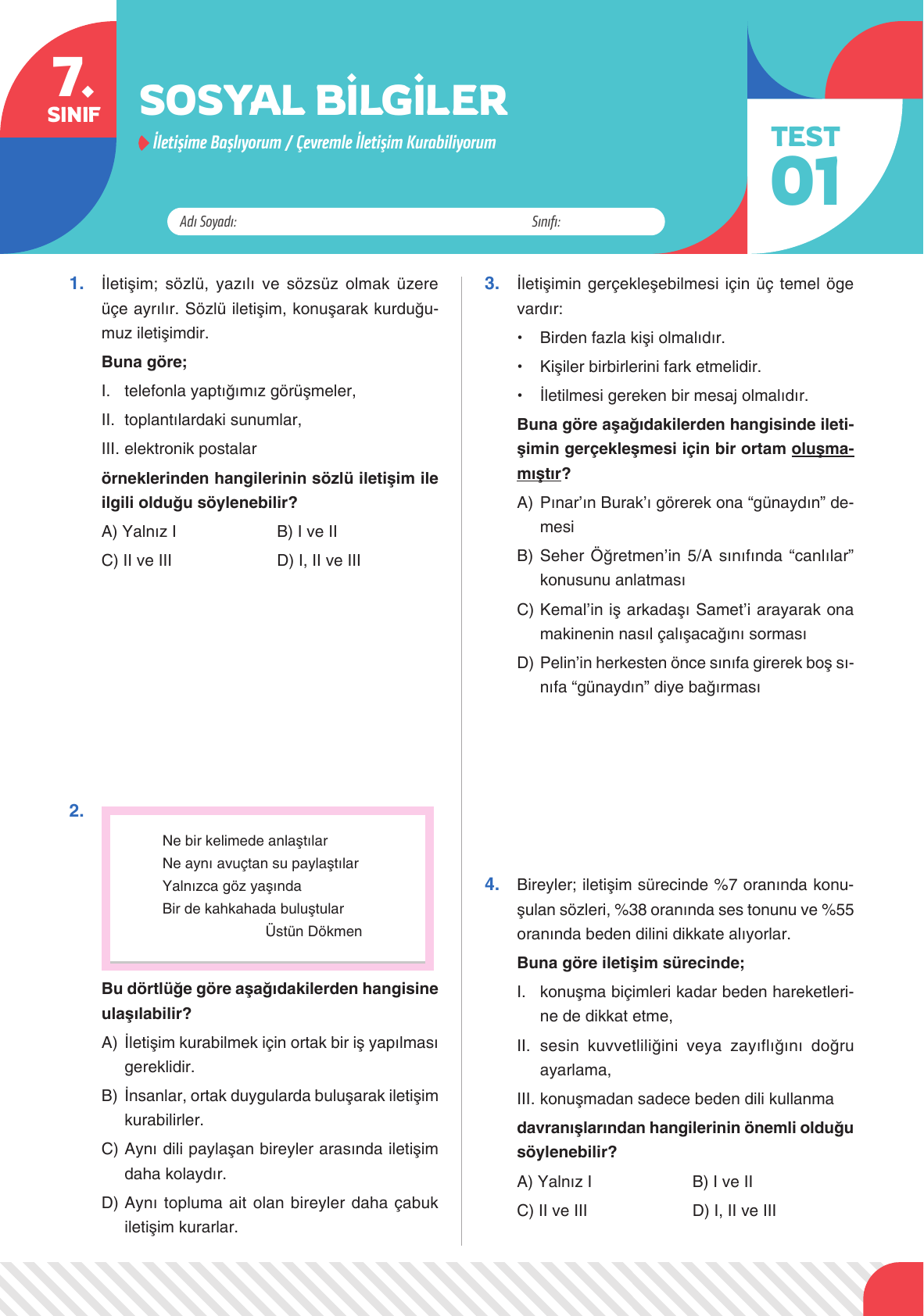 2026 7. Sınıf Sosyal Bilgiler Test 01