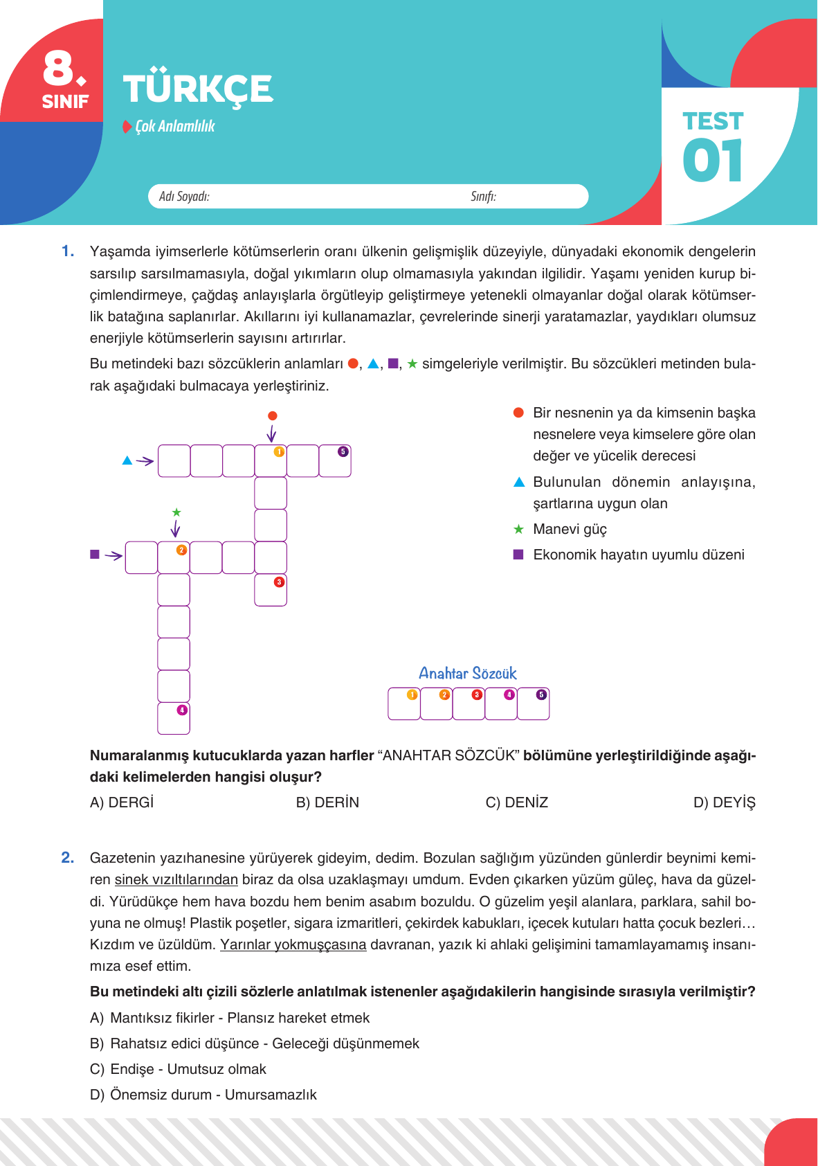 2026 8 Sınıf Türkçe Test 01