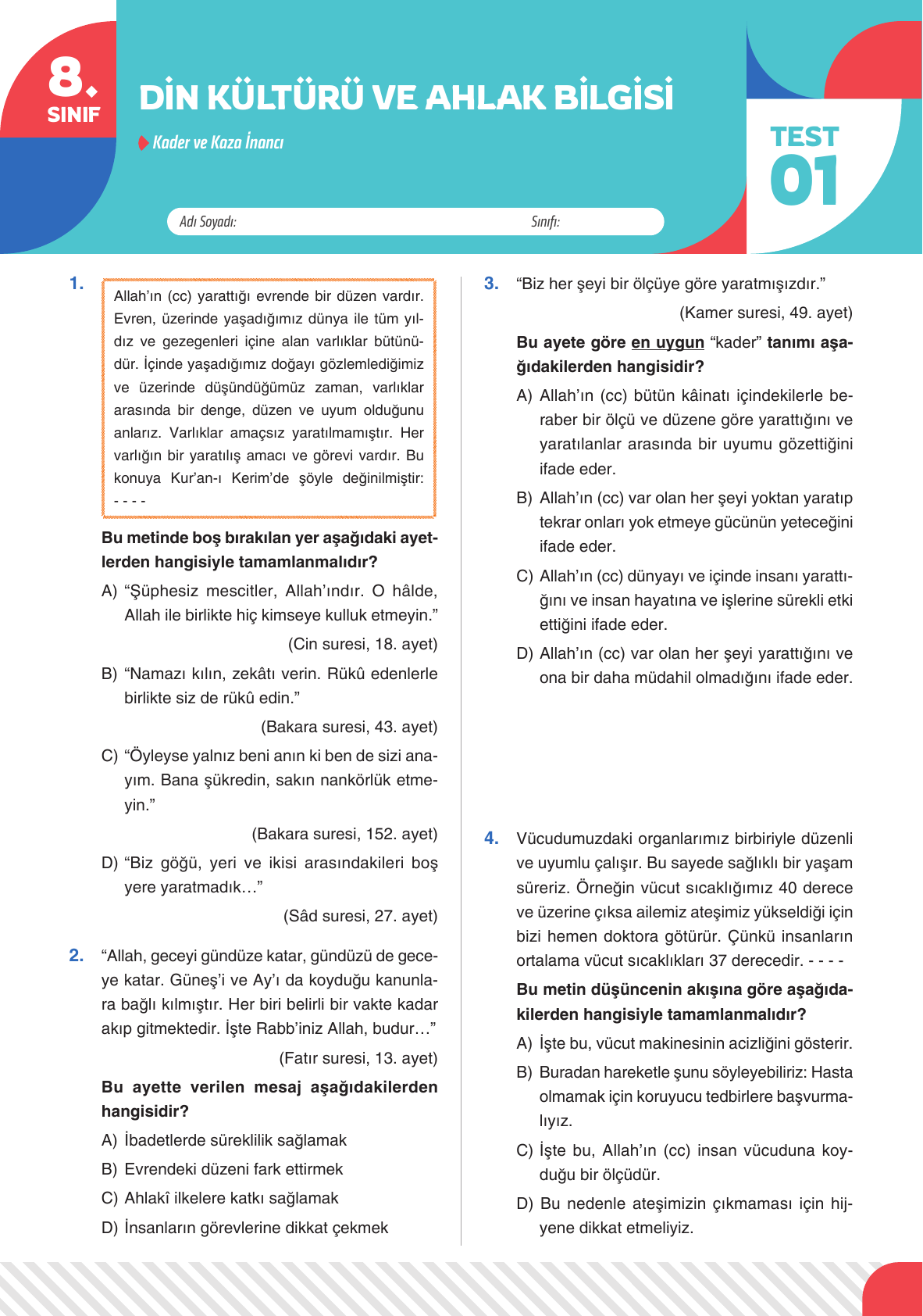2026 8 Sınıf Din Kültürü ve Ahlak Bilgisi Test 01
