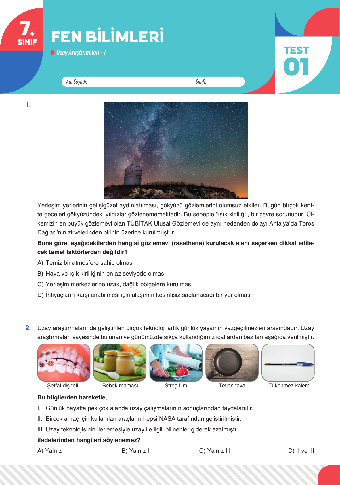 2026 7. Sınıf Fen Bilimleri Test 01