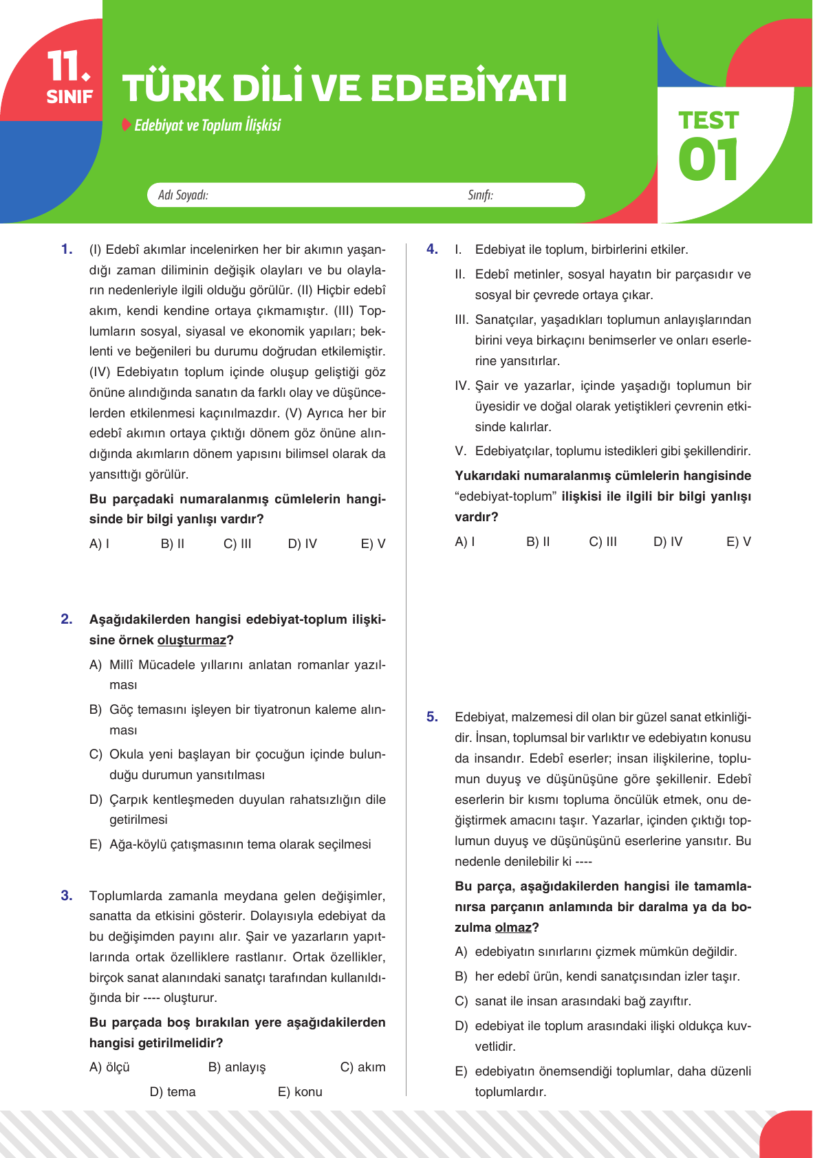 2026 11 Sınıf Edebiyat Test 01