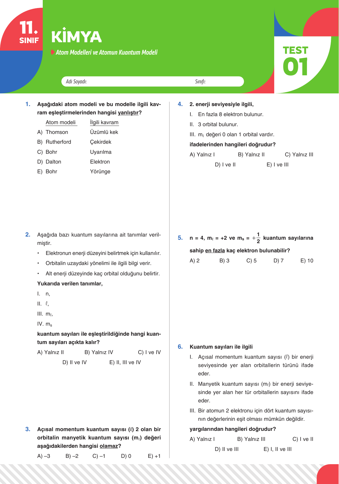 2026 11 Sınıf Kimya Test 01